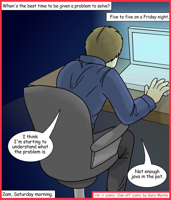 Remove R Comic (aka rm -r comic), by Gary Marks: Java plus pot equals equilibrium 
Dialog: 
Don't feel bad, after all, it's what developers do for fun, right? 
 
Panel 1 
Caption: When't the best time to be given a problem to solve? 
Five to five on a Friday night. 
Gary: I think I'm starting to understand what the problem is. Not enough java in the pot. 
Caption: 2am, Saturday morning. 